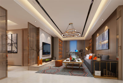 现代客厅 沙发 装饰品 茶几 地毯 窗帘 挂画 吊灯 壁灯-1